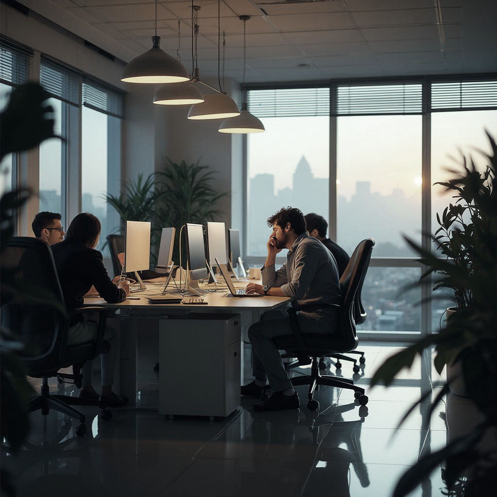 Employees collaborating at desks in a modern office setting with computers and large windows showing a city skyline.