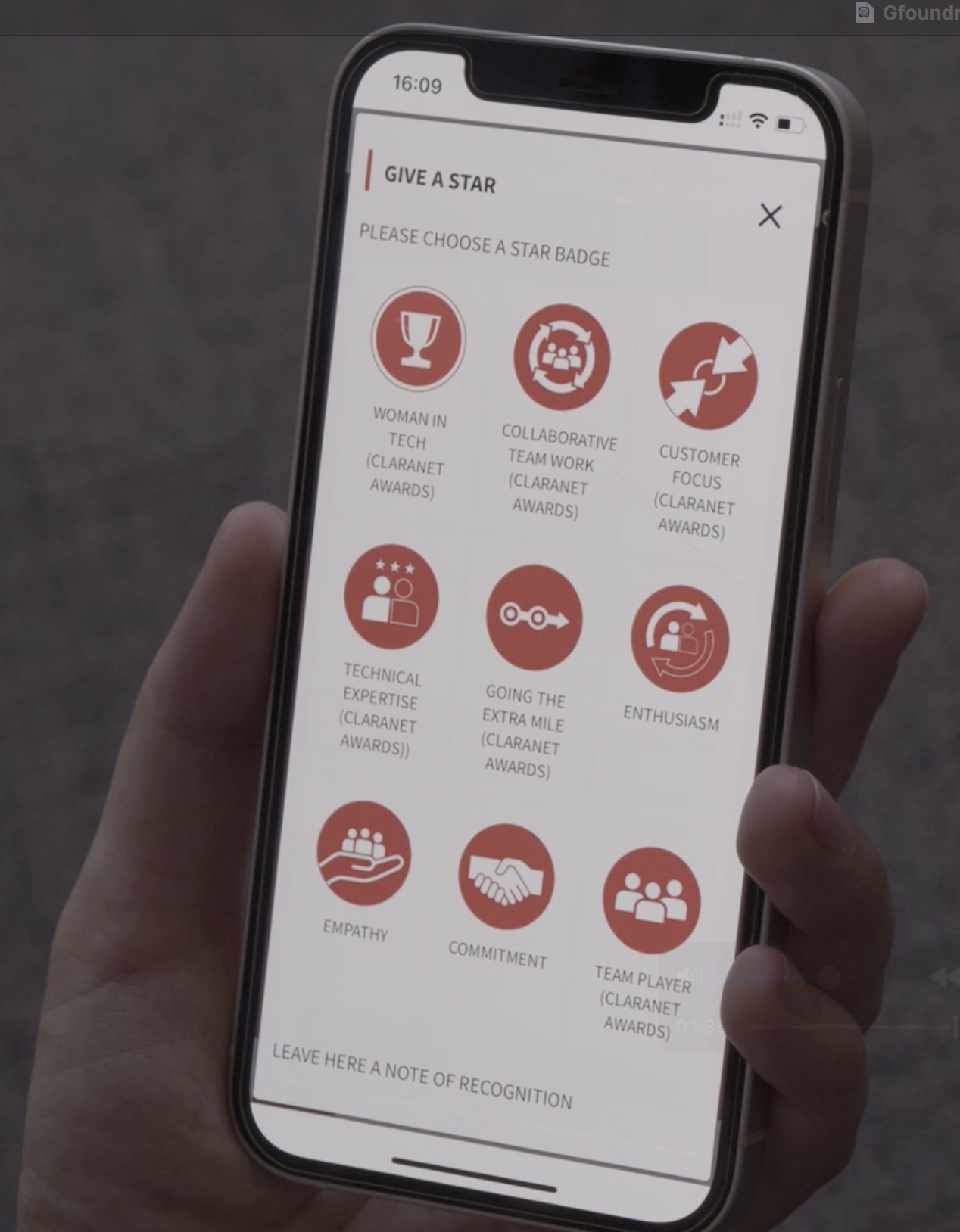 Mobile interface displaying various recognition badges for Claranet awards, including categories like 'Team Player' and 'Customer Focus'.