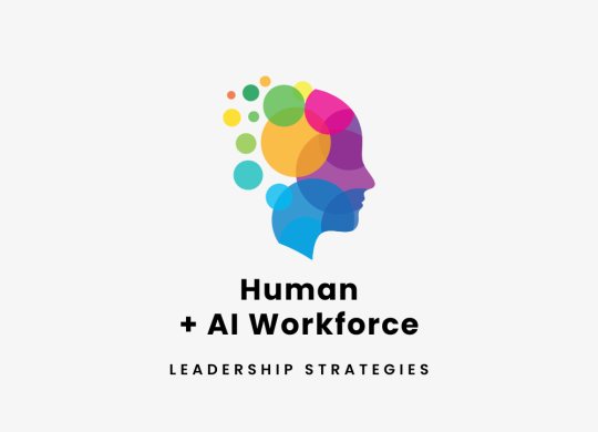 Graphic depicting a colorful silhouette of a head with abstract shapes representing human and AI workforce leadership strategies.