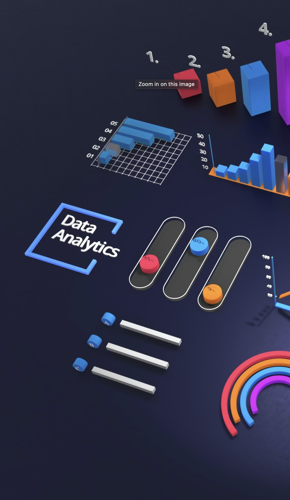 3D data analytics dashboard with colorful bar charts, graphs, sliders, and circular charts on a dark background.