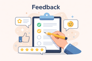 Hand filling out a feedback form on a clipboard with rating stars, thumbs up, and smiley face icons around it.