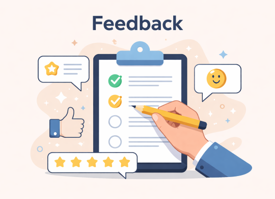 Hand filling out a feedback form on a clipboard with rating stars, thumbs up, and smiley face icons around it.