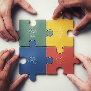 Four hands connect colorful puzzle pieces with symbols.