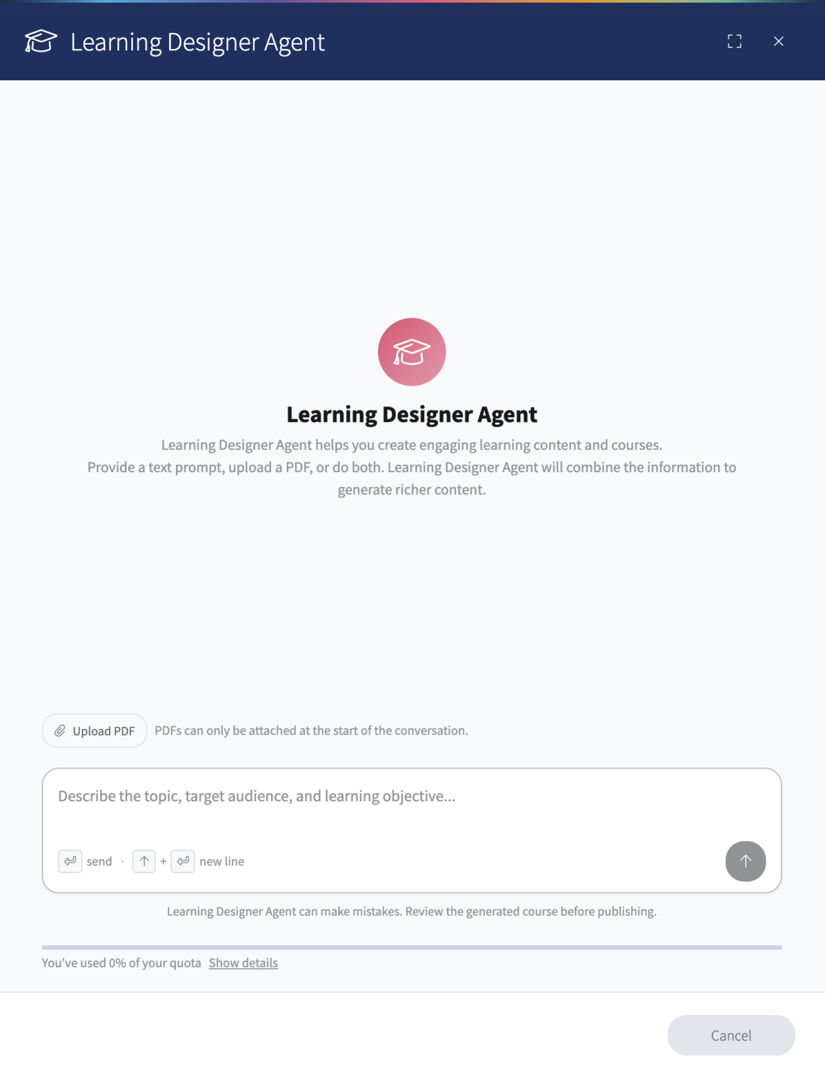 Learning Designer, um exemplo de inteligência artificial nos RH: ecrã da GFoundry com carregamento de PDF e instruções sobre tema, público e objetivo de aprendizagem.