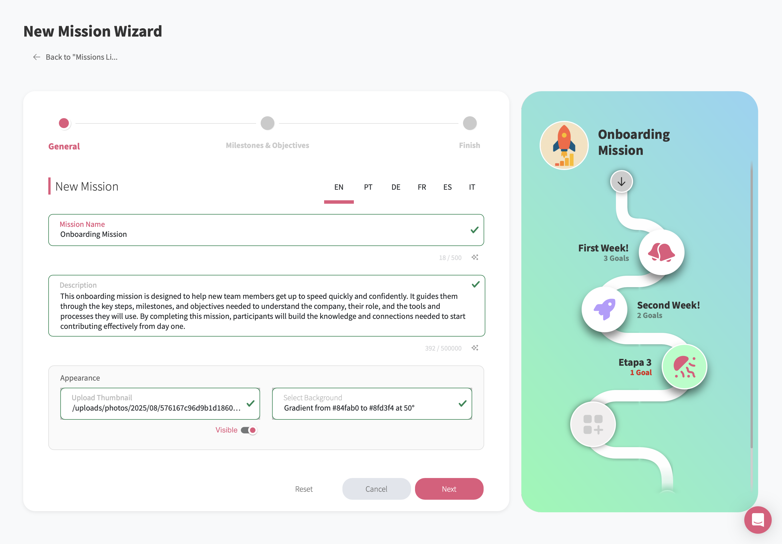 GFoundry Mission editor showing milestones and a preview of the participant journey.