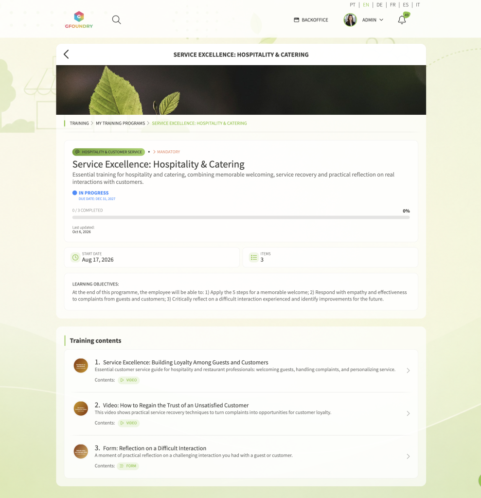 Training Program da GFoundry com objetivos de aprendizagem, conteúdos, prazo e progresso.