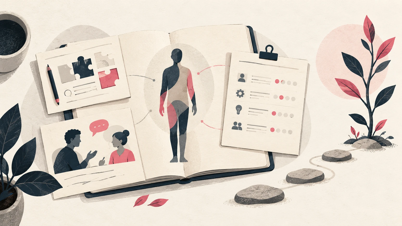 Ilustração editorial de um assessment de competências: exercícios, diálogo e observação para orientar o desenvolvimento.